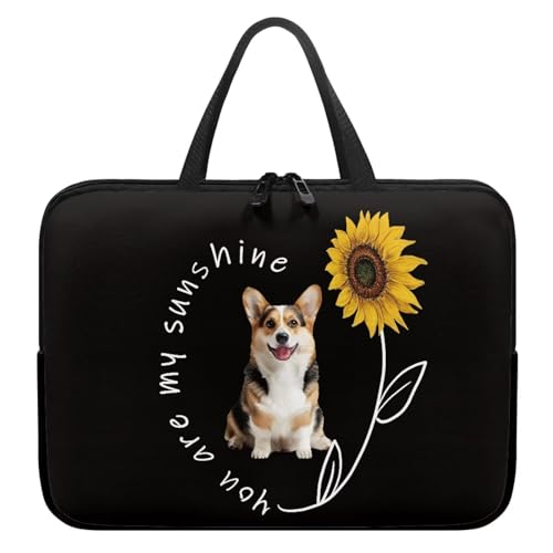 Xoenoiee Corgi Laptoptasche mit Sonnenblumen-Motiv, 25,4 cm (10 Zoll), für Damen und Herren, tragbare Laptop-Handtasche, wasserdicht, Laptop-Schutzaktentasche von Xoenoiee