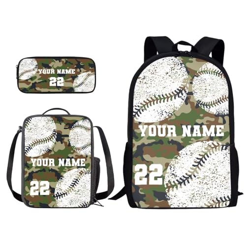 Xoenoiee Individuelles Rucksack-Set, 3-teilig, Schultasche, Lunchtasche, Federmäppchen für Jungen und Mädchen, gestalten Sie Ihren Namen und Ihre Nummer, Baseball, Grün, Camouflage, Einheitsgröße von Xoenoiee