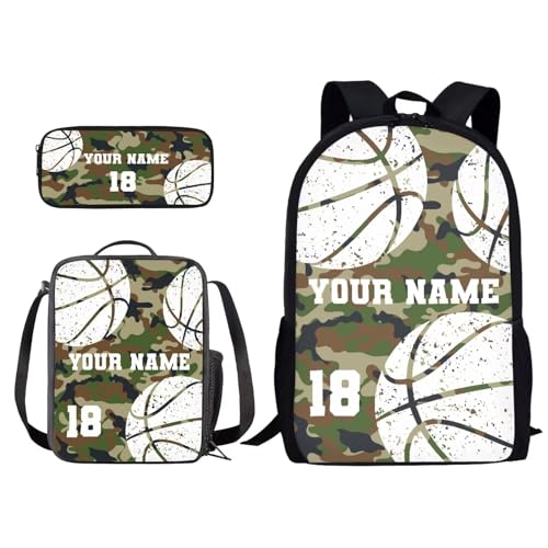 Xoenoiee Individuelles Rucksack-Set, 3-teilig, Schultasche, Lunchtasche, Federmäppchen für Jungen und Mädchen, gestalten Sie Ihren Namen und Ihre Nummer, Basketball, Grün, Camouflage, Einheitsgröße von Xoenoiee