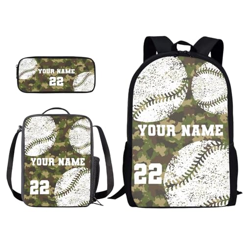 Xoenoiee Individuelles Rucksack-Set, 3-teilig, Schultasche, Lunchtasche, Federmäppchen für Jungen und Mädchen, gestalten Sie Ihren Namen und Ihre Nummer, Grünes Camouflage-Base, Einheitsgröße von Xoenoiee