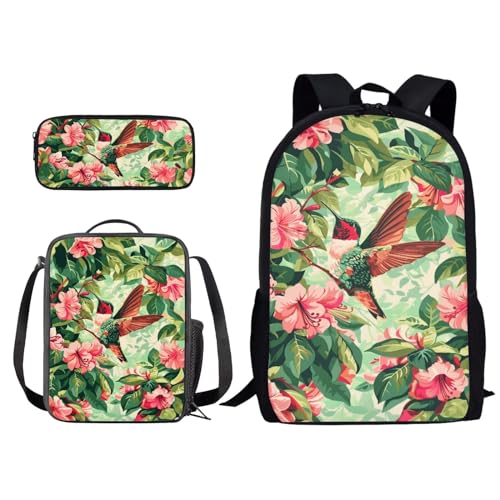 Xoenoiee Kinder-Büchertasche + Lunchbox + Federmäppchen für Grund- und Mittelschule, Rucksack-Set für Jungen und Mädchen, 3-teilig, Kolibri-Blumenmuster, rosa Muster, Einheitsgröße von Xoenoiee