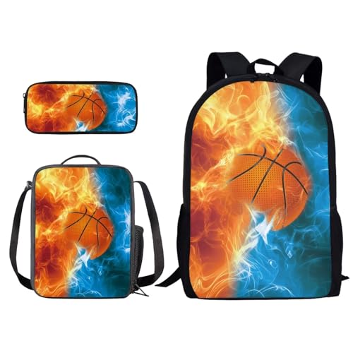 Xoenoiee Kinder-Rucksäcke-Set für Schüler, 3-teiliges Set, leichte Büchertasche mit Lunchpaket, Federmäppchen für Jungen und Mädchen, Basketball Fire Red Blue, Einheitsgröße von Xoenoiee