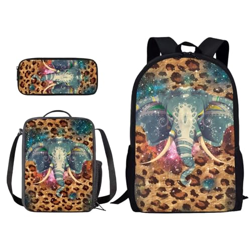 Xoenoiee Kinder-Rucksäcke für Grundschule / Mittelschule, Büchertasche, wasserabweisend, mit Lunchpaket und Federmäppchen, 3-in-1, Elefant und Leopard, Einheitsgröße von Xoenoiee