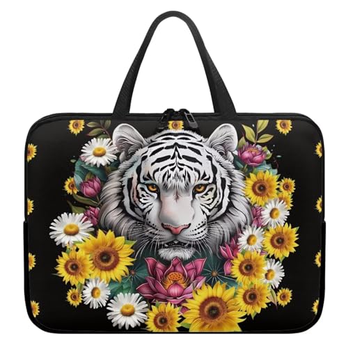 Xoenoiee Laptop-Tragetasche, Laptoptasche für Männer und Frauen, 25,4 cm (10 Zoll), Tiger-Sonnenblumen, Gänseblümchen, Blumendruck, tragbare Laptoptasche, wasserdichte Tragetasche mit Griff von Xoenoiee