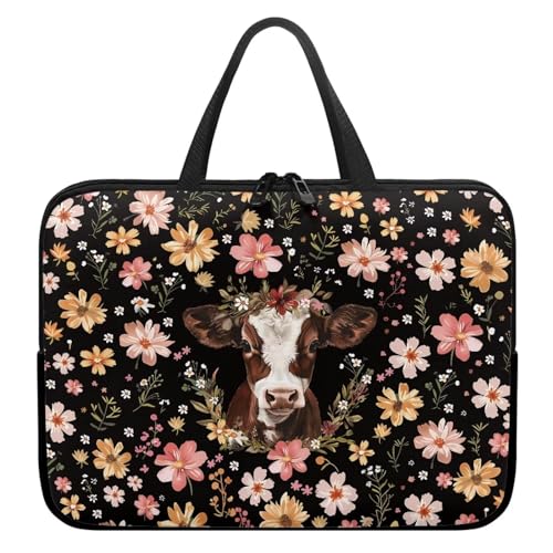 Xoenoiee Laptoptasche, 15 Zoll (38,1 cm), Kuh, Boho, Blumendruck, tragbare Reise-Laptop-Tasche für Damen und Herren, wasserdichte Tragetasche mit Tragegriff oben von Xoenoiee