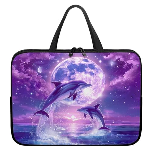 Xoenoiee Laptoptasche, 15 Zoll (38,1 cm), Motiv: Meer/Delfin/Mond, schützende Laptoptasche, wasserdichte Computer-Tragetasche, Aktentasche, tragbare Handtasche für Männer und Frauen von Xoenoiee