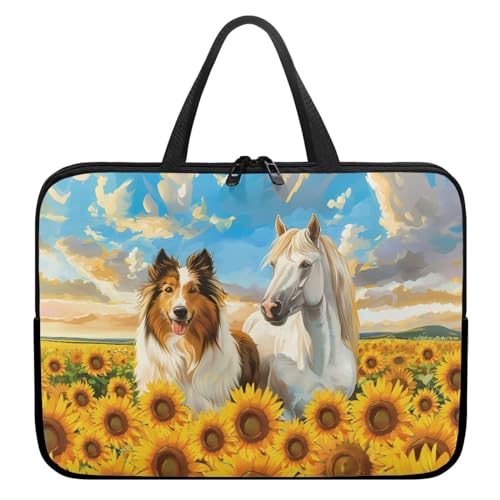 Xoenoiee Laptoptasche, 25,4 cm, Pferd, niedlicher Hund, Sonnenblumenmuster, schützende Laptophülle, wasserdicht, Computer-Tragetasche, Aktentasche, tragbare Handtasche für Männer und Frauen von Xoenoiee