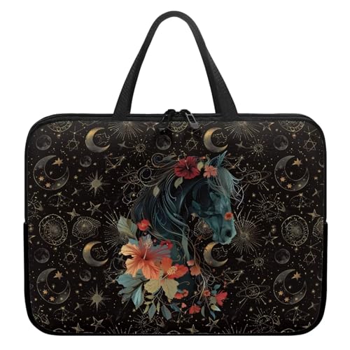 Xoenoiee Laptoptasche, 25,4 cm (10 Zoll), Pferd, Blumenmuster, Mond, Sterne, schützende Laptoptasche, wasserdichte Computer-Tragetasche, Aktentasche, tragbare Handtasche für Männer und Frauen von Xoenoiee