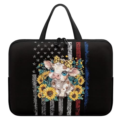 Xoenoiee Laptoptasche, 25,4 cm (10 Zoll), kleine Kuh, Sonnenblume, US-Flagge, schützende Laptoptasche, wasserdichte Computer-Tragetasche, Aktentasche, tragbare Handtasche für Männer und Frauen von Xoenoiee