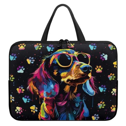 Xoenoiee Laptoptasche, 30,5 cm (12 Zoll), farbiger Dackel, Hund und Pfotenabdruck, schützende Laptophülle, wasserdichte Computer-Tragetasche, Aktentasche, tragbare Handtasche für Männer und Frauen von Xoenoiee