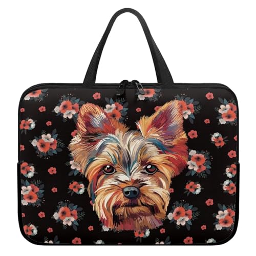 Xoenoiee Laptoptasche, 33 cm (13 Zoll), schützende Laptophülle, wasserdicht, Computer-Tragetasche, Aktentasche, tragbare Handtasche für Männer und Frauen, Blumenmuster, Yorkshire Terrier von Xoenoiee