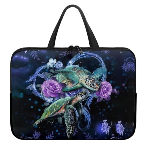 Xoenoiee Laptoptasche, 43,2 cm (17 Zoll), grüne Schildkröte, Herz, Blumendruck, wasserdicht, Laptop-Tragetasche, Laptoptasche für Damen und Herren, tragbare Aktentasche von Xoenoiee