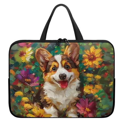 Xoenoiee Laptoptasche für Damen und Herren, 30,5 cm (12 Zoll), bemalt, Corgi-Hund, Blumenmuster, tragbare Laptop-Handtasche, wasserdicht, Laptop-Schutzaktentasche von Xoenoiee