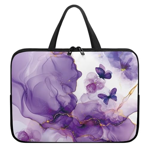 Xoenoiee Laptoptasche für Damen und Herren, tragbare Laptop-Handtasche, wasserdicht, Laptop-Schutztasche, Schmetterling lila Marmor, 15inch von Xoenoiee