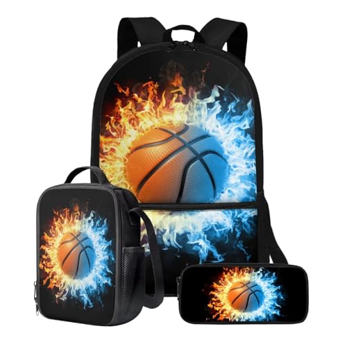 Xoenoiee Rucksack-Set für Kinder, Jungen, Mädchen, 43,2 cm, Schultasche mit Lunchtasche, Federmäppchen, Grundschul-Büchertasche, 3-teiliges Set, Basketball und blau-rotes Feuer von Xoenoiee