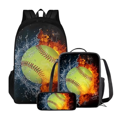 Xoenoiee Rucksack-Set für Kinder, Jungen, Mädchen, große Schultasche mit Lunchtasche, Federmäppchen für Grundschule, Softball-Druck mit Feuerwasserspritzern von Xoenoiee