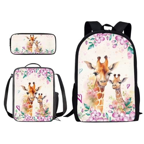 Xoenoiee Rucksack mit niedlichem Tierdruck, für Kinder, Jungen, Mädchen, Schultasche mit Lunchtasche, Federmäppchen, Büchertasche, 3-teiliges Set, Giraffe rosa Blumenmuster, Einheitsgröße von Xoenoiee