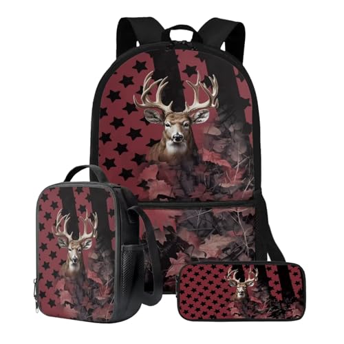 Xoenoiee Rucksack und Lunchtasche, Federmäppchen-Set, Jungen und Mädchen, 3-teiliges Set, Schultaschen für Schüler, Schulbedarf, Hirschbaum, Camouflage-Flagge von Xoenoiee