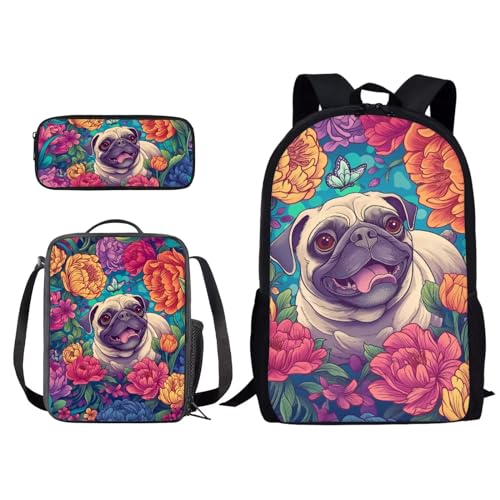 Xoenoiee Schulrucksack 3 Stück Set für Jungen Mädchen mit Lunchbox Federmäppchen Tiere Druck Schultasche Teenager Büchertaschen, Schmetterling Mops Hund Vintage Floral, Einheitsgröße von Xoenoiee