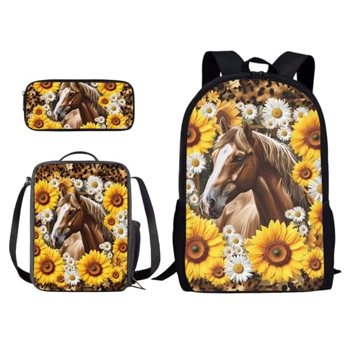 Xoenoiee Schulrucksack-Set, 3-teilig, für Mädchen und Jungen, Büchertaschen + Lunchtasche, Federmäppchen, Schulanfang, Geschenk, Neuheit Druck, Pferd Sonnenblume Gänseblümchen Leopard, Einheitsgröße von Xoenoiee