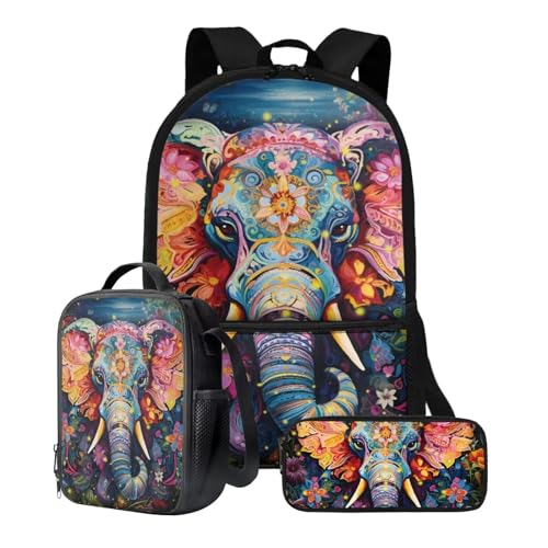 Xoenoiee Schulrucksack-Set, 43,2 cm, 3-teiliges Set für Jungen und Mädchen, mit Lunchtasche und Federmäppchen, Schultasche für Teenager, Studenten, Boho-Elefant mit Blumenmuster von Xoenoiee