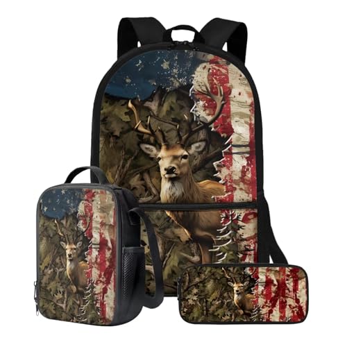 Xoenoiee Schulrucksack-Set, 43,2 cm, 3-teiliges Set für Jungen und Mädchen, mit Lunchtasche und Federmäppchen, große Schultasche für Teenager, Studenten, Elchflaggenbaum, Camouflage von Xoenoiee