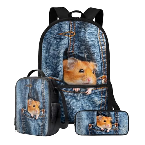 Xoenoiee Schulrucksack-Set für Teenager, Jungen, Mädchen, mit Lunchbox, Federmäppchen, 43,2 cm, Schultasche, Büchertasche für Studenten, 3 Stück, Meerschweinchen-Denim von Xoenoiee