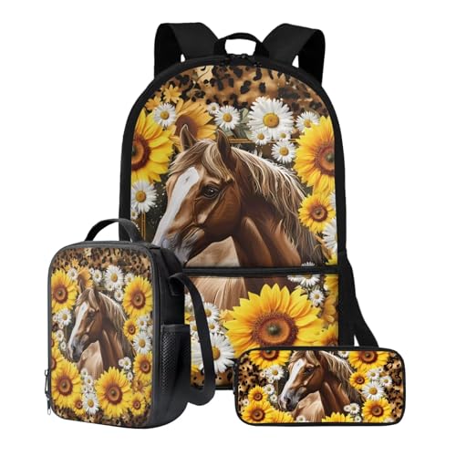 Xoenoiee Schulrucksack-Set für Teenager, Jungen, Mädchen, mit Lunchbox, Federmäppchen, Schulbüchertaschen-Set, Tierdruck, 3 Stück, Pferd Sonnenblume Gänseblümchen Leopard von Xoenoiee