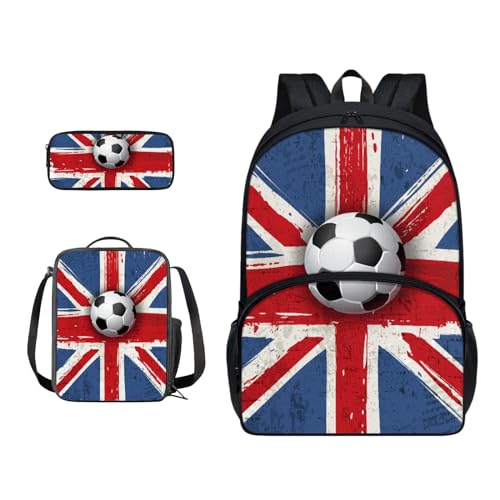 Xoenoiee Schulrucksack-Set für Teenager, Jungen, Mädchen, mit Lunchbox, Federmäppchen, Schultasche für Schüler, 3 Stück, Fußball mit britischer Flagge von Xoenoiee