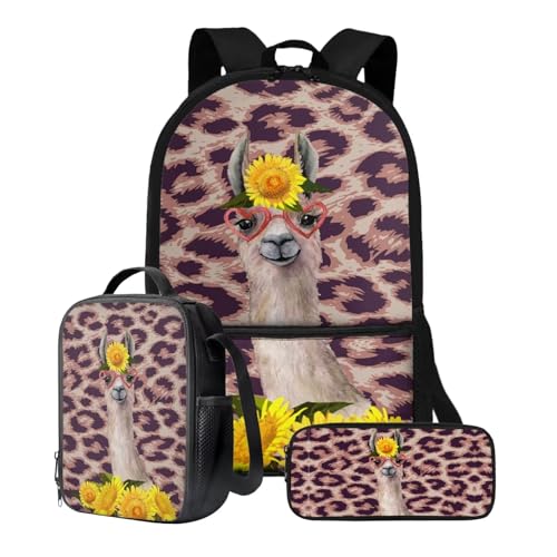 Xoenoiee Schulrucksack-Set mit 3 Stück, für Teenager, Studenten, 43,2 cm, Thermo-Lunch-Tasche, Federmäppchen für Jungen und Mädchen, Alpaka-Sonnenblumen-Leopard von Xoenoiee