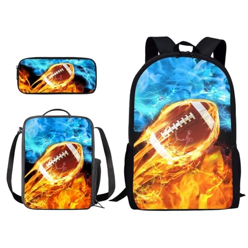 Xoenoiee Schulrucksack-Set mit 3-teiligem Druck, mit Lunchtasche und Federmäppchen für Studenten, Kinder, Teenager, American Football in Blau und Rot, Einheitsgröße von Xoenoiee