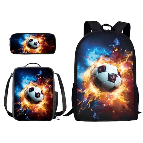 Xoenoiee Schulrucksack-Set mit 3-teiligem Druck, mit Lunchtasche und Federmäppchen für Studenten, Kinder, Teenager, Blau-roter Feuerfußball, Einheitsgröße von Xoenoiee