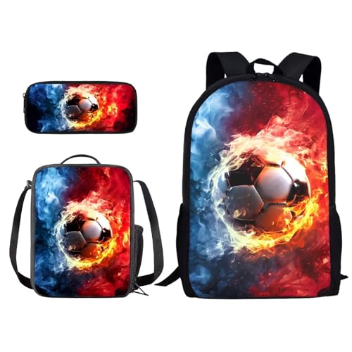 Xoenoiee Schulrucksack-Set mit 3-teiligem Druck, mit Lunchtasche und Federmäppchen für Studenten, Kinder, Teenager, Feuerfußball in Rot und Blau, Einheitsgröße von Xoenoiee