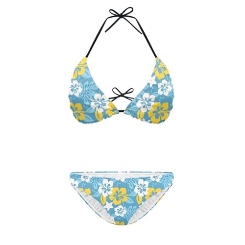 Xoenoiee Triangel-Bikini-Set für Damen, Neckholder-Top, Bademode mit abnehmbarem Polster, zweiteiliger Badeanzug, String-Bindeanzug, Größe XS - 2XL, Hibiskus Floral Blue, M von Xoenoiee