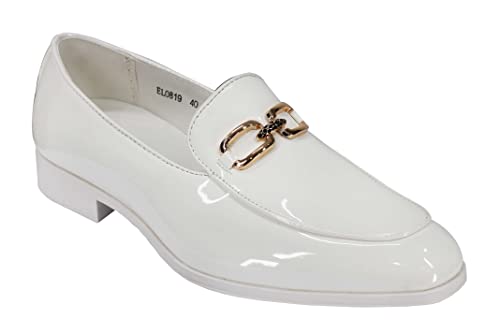 Men's Patent Faux Leather Shiny Glossy Gold Buckle Party Loafer Wedding Dress Shoes [EL0819-WHITE-7] von Xposed