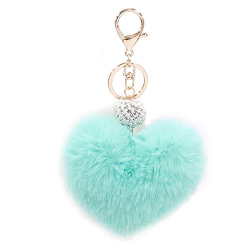 Xsclpomddy Künstliche Kaninchenhaar Flauschigen Liebesherz Pom Pom Schlüsselanhänger Glitzer Kristallstrass Taschen Koffer Rucksäcke Zubehör Charm Auto Schlüsselring für Mädchen,lake blue von Xsclpomddy