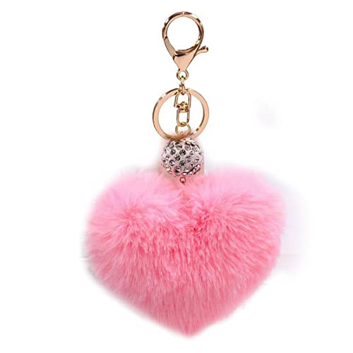 Xsclpomddy Künstliche Kaninchenhaar Flauschigen Liebesherz Pom Pom Schlüsselanhänger Glitzer Kristallstrass Taschen Koffer Rucksäcke Zubehör Charm Auto Schlüsselring für Mädchen,pink von Xsclpomddy