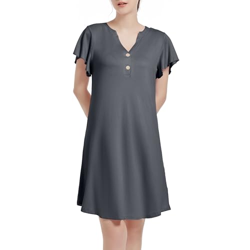 Xuepelit Nachthemd Damen Kurzarm Sommer Schlafshirt Damen Kurz mit Knopfleiste Baumwolle Sexy Stillnachthemd Pyjama Still, Grey XL von Xuepelit