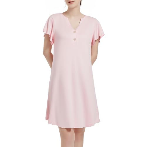 Xuepelit Nachthemd Damen Kurzarm Sommer Schlafshirt Damen Kurz mit Knopfleiste Baumwolle Sexy Stillnachthemd Pyjama Still, Pink XL von Xuepelit