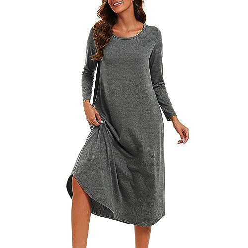 Xuepelit Nachthemd Damen Lang Sexy Nachtwäsche Stillnachthemd Langarm Baumwolle Oversize Schlafshirt Unterkleid Große Größe Für Frauen Pyjamas Kleid，Grau S von Xuepelit