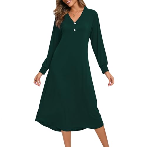 Xuepelit Nachthemd Damen Langarm Baumwolle Oversize Schlafshirt Stillnachthemd mit Knopfleiste Lang Sexy Nachtwäsche Unterkleid Große Größe Für Frauen Pyjamas Kleid ，Grün S von Xuepelit