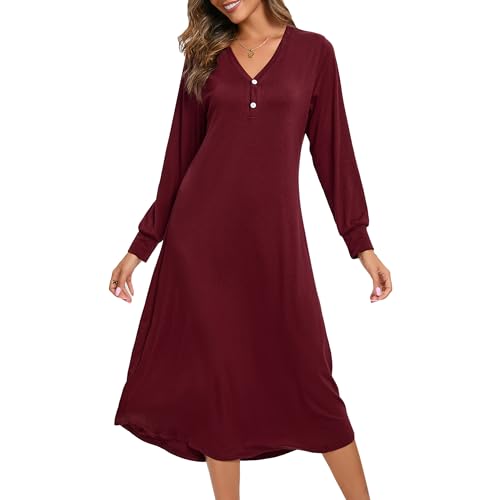 Xuepelit Nachthemd Damen Langarm Baumwolle Oversize Schlafshirt Stillnachthemd mit Knopfleiste Lang Sexy Nachtwäsche Unterkleid Große Größe Für Frauen Pyjamas Kleid ，Rot M von Xuepelit