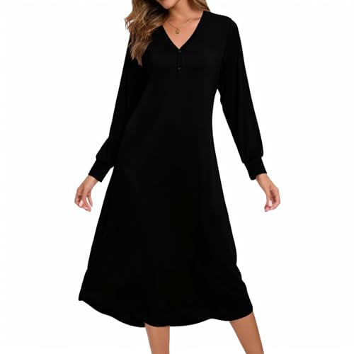 Xuepelit Nachthemd Damen Langarm Baumwolle Oversize Schlafshirt Stillnachthemd mit Knopfleiste Lang Sexy Nachtwäsche Unterkleid Große Größe Für Frauen Pyjamas Kleid ，Schwarz S von Xuepelit