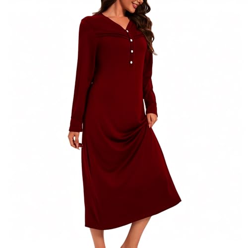 Xuepelit Nachthemd Damen Langarm Stillnachthemd Baumwolle Oversize Schlafshirt Lang Sexy Nachtwäsche Unterkleid Große Größe Für Frauen Pyjamas Kleid ，Rot XL von Xuepelit