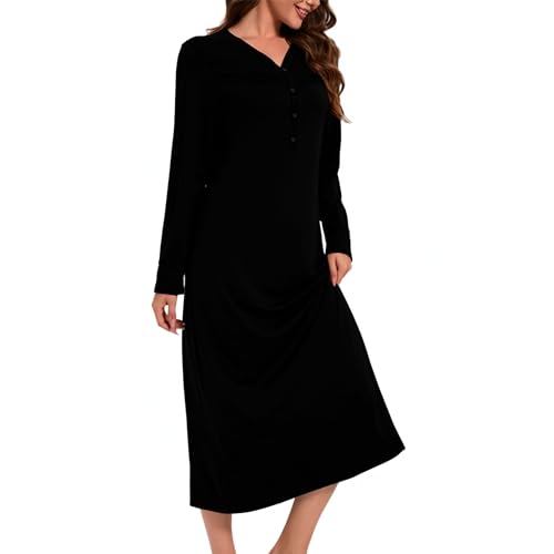 Xuepelit Nachthemd Damen Langarm Stillnachthemd Baumwolle Oversize Schlafshirt Lang Sexy Nachtwäsche Unterkleid Große Größe Für Frauen Pyjamas Kleid ，Schwarz S von Xuepelit