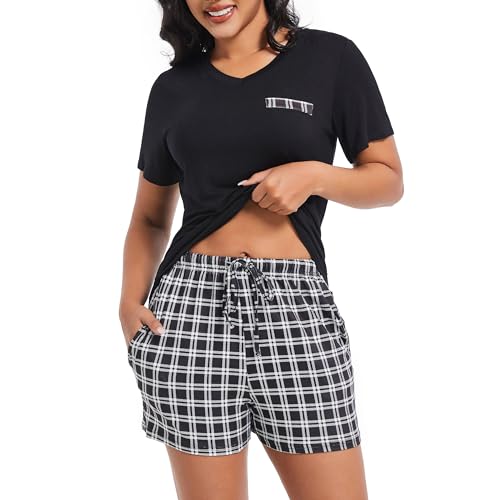 Xuepelit Schlafanzug Damen Kurz Pyjama Damen Sommer Zweiteiler Damen Baumwolle Set Schlafshirt Damen Kurzarm Shorty, Black 2XL von Xuepelit