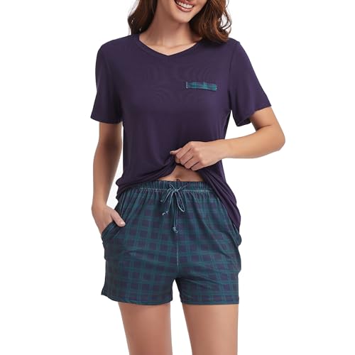 Xuepelit Schlafanzug Damen Kurz Pyjama Damen Sommer Zweiteiler Damen Baumwolle Set Schlafshirt Damen Kurzarm Shorty, Blue 2XL von Xuepelit