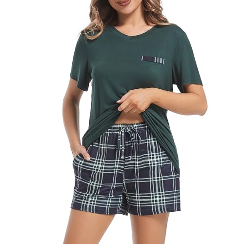 Xuepelit Schlafanzug Damen Kurz Pyjama Damen Sommer Zweiteiler Damen Baumwolle Set Schlafshirt Damen Kurzarm Shorty, Green 2XL von Xuepelit