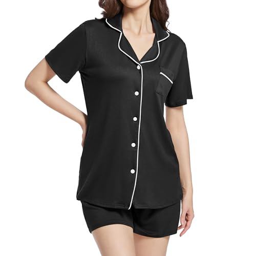 Xuepelit Schlafanzug Damen Kurz Pyjama Damen Sommer mit Knopfleiste Still Zweiteiler Damen Baumwolle Set Schlafshirt Nachtwäsche Kurzarm Shorty, Black L Xuepelit Schlafanzug Damen Kurz Pyjama Damen Sommer mit Knopfleiste Still Zweiteiler Damen Baumwolle Set Schlafshirt Nachtwäsche Kurzarm Shorty, Black L von Xuepelit