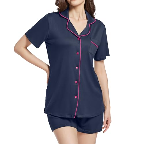Xuepelit Schlafanzug Damen Kurz Pyjama Damen Sommer mit Knopfleiste Still Zweiteiler Damen Baumwolle Set Schlafshirt Nachtwäsche Kurzarm Shorty, Blue L Xuepelit Schlafanzug Damen Kurz Pyjama Damen Sommer mit Knopfleiste Still Zweiteiler Damen Baumwolle Set Schlafshirt Nachtwäsche Kurzarm Shorty, Blue L von Xuepelit